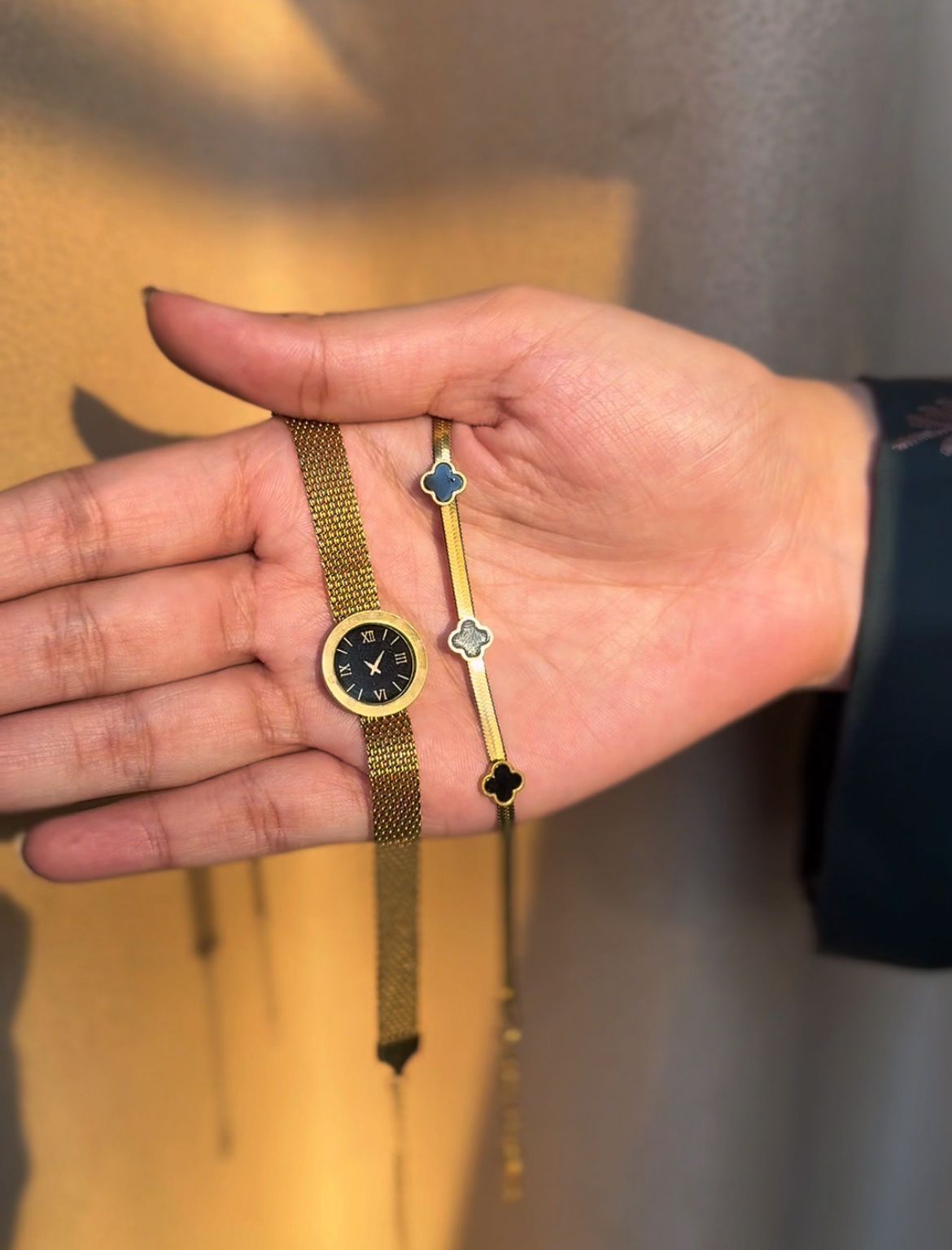 Fashionable Women’s Gold Watch Bracelet Duo Set